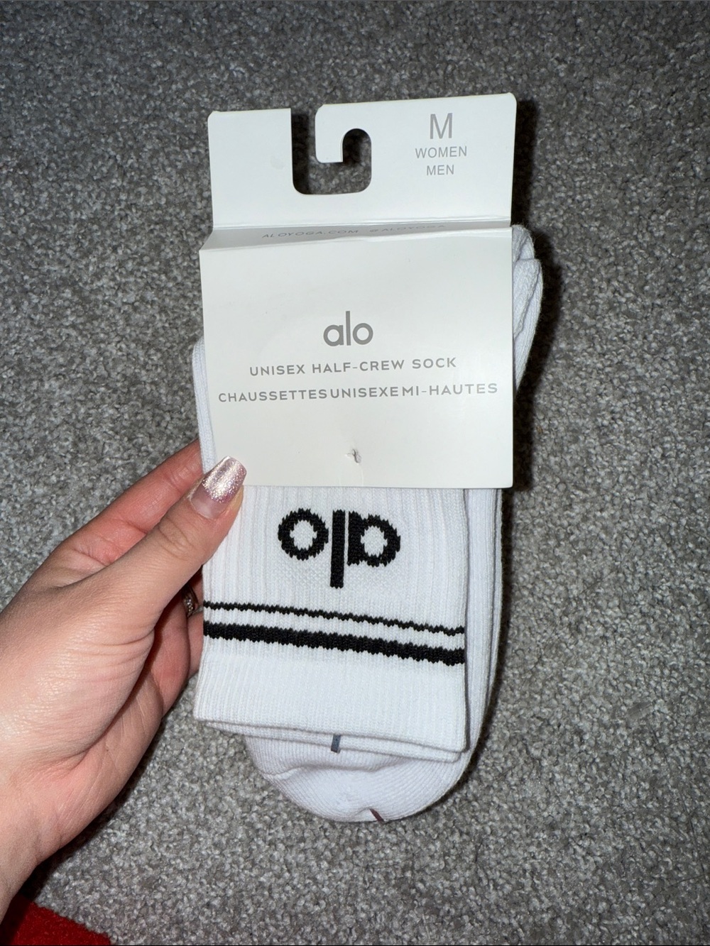 ALO Yoga White Half-Crew Athletic Socks with Black Stripes